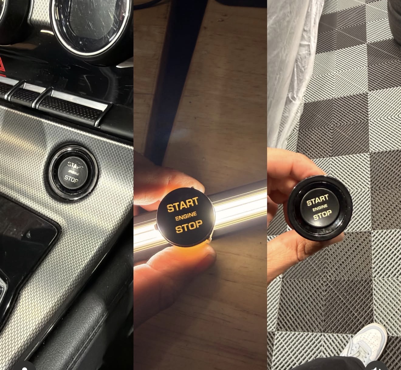 Three stage view of a start stop button: the failed sticky button in the dash, the restored button held to a light with the laser etched lettering glowing through, and the finished button in hand