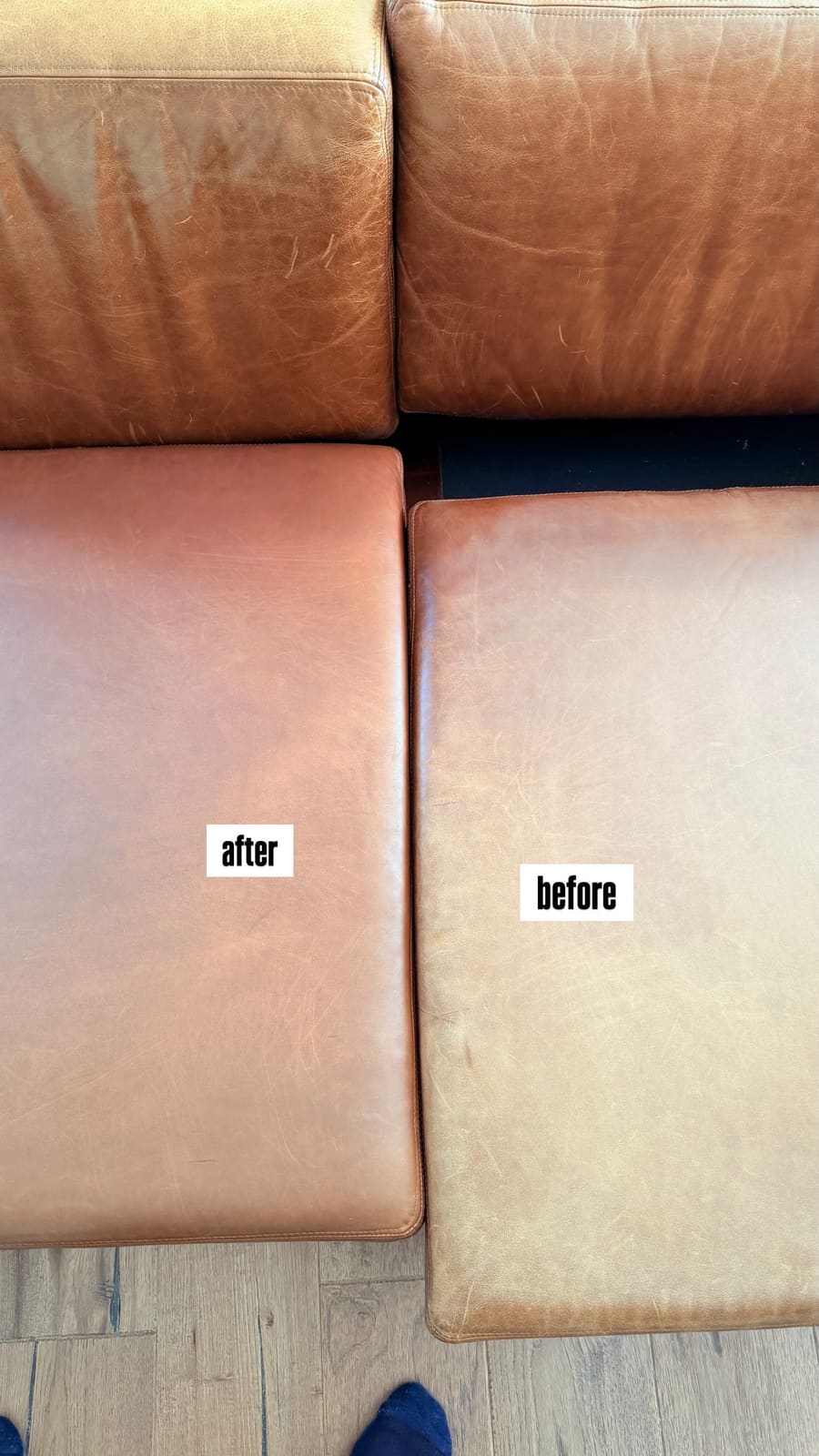 A tan leather sofa restored by Perth Leather, shown before and after recolouring